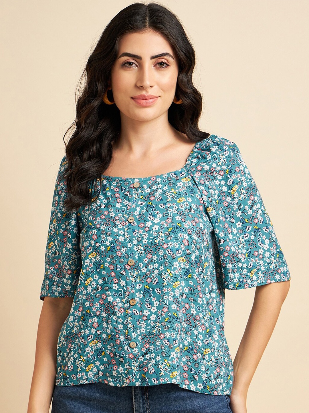

Azira Floral Printed Square Neck Pure Cotton Top, Blue