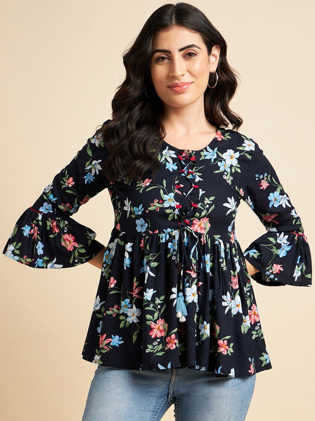 

Azira Floral Printed Bell Sleeve Gathered Peplum Top, Navy blue