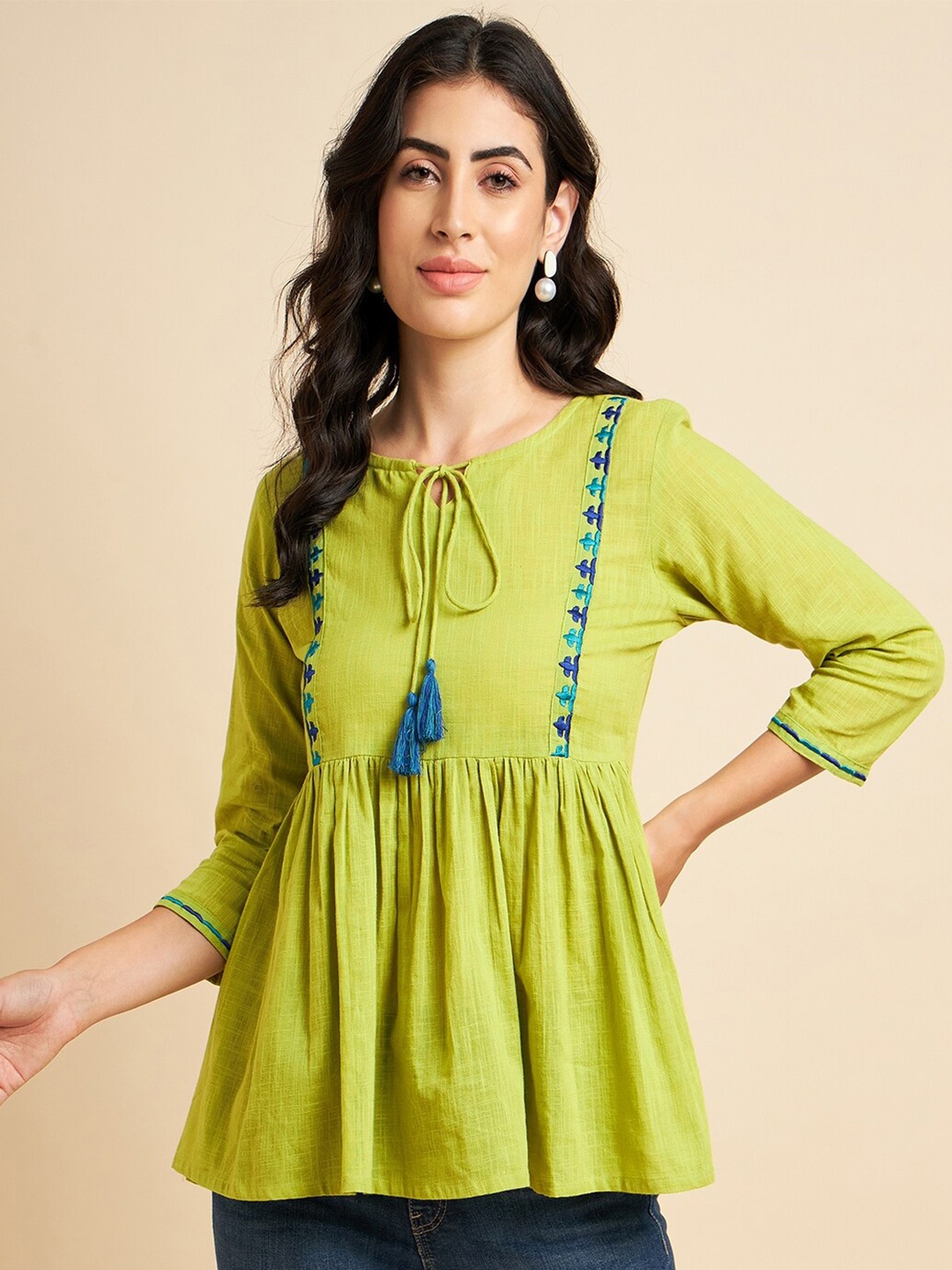 

Azira Keyhole Neck Gathered Pure Cotton Peplum Top, Lime green
