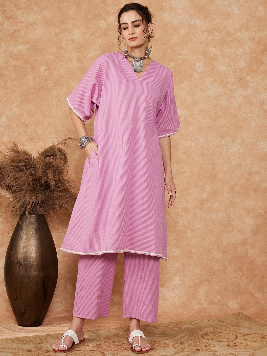 

InWeave Women Striped Pure Cotton A-Line Kurta with Palazzos, Pink
