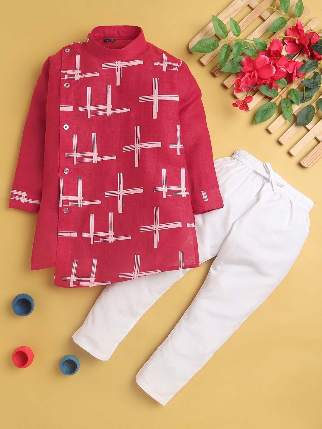 

BAESD Boys Abstract Printed Angrakha Kurta with Pyjamas, Red
