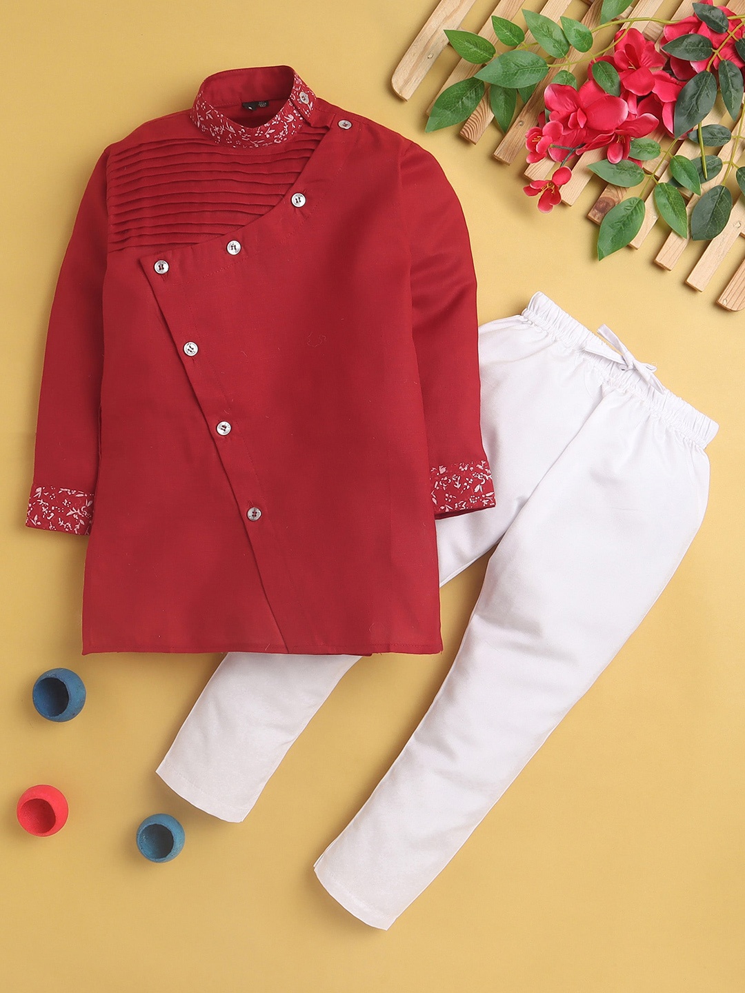 

BAESD Boys Mandarin Collar Angrakha Kurta with Pyjamas, Red