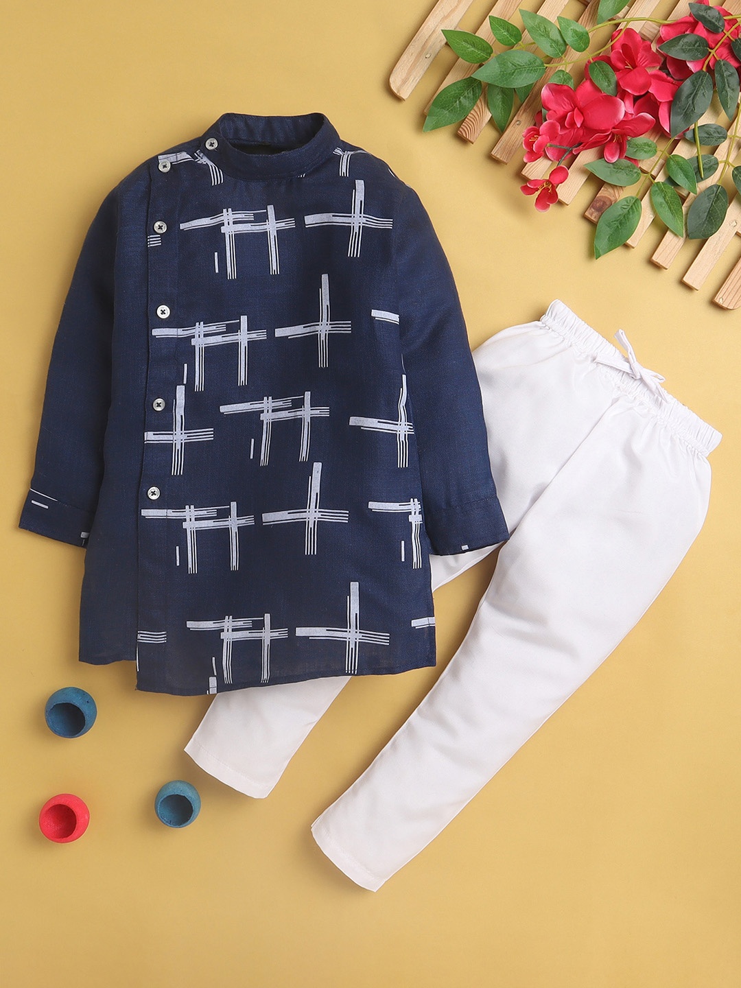 

BAESD Boys Striped Band Collar Kurta With Pyjamas, Navy blue