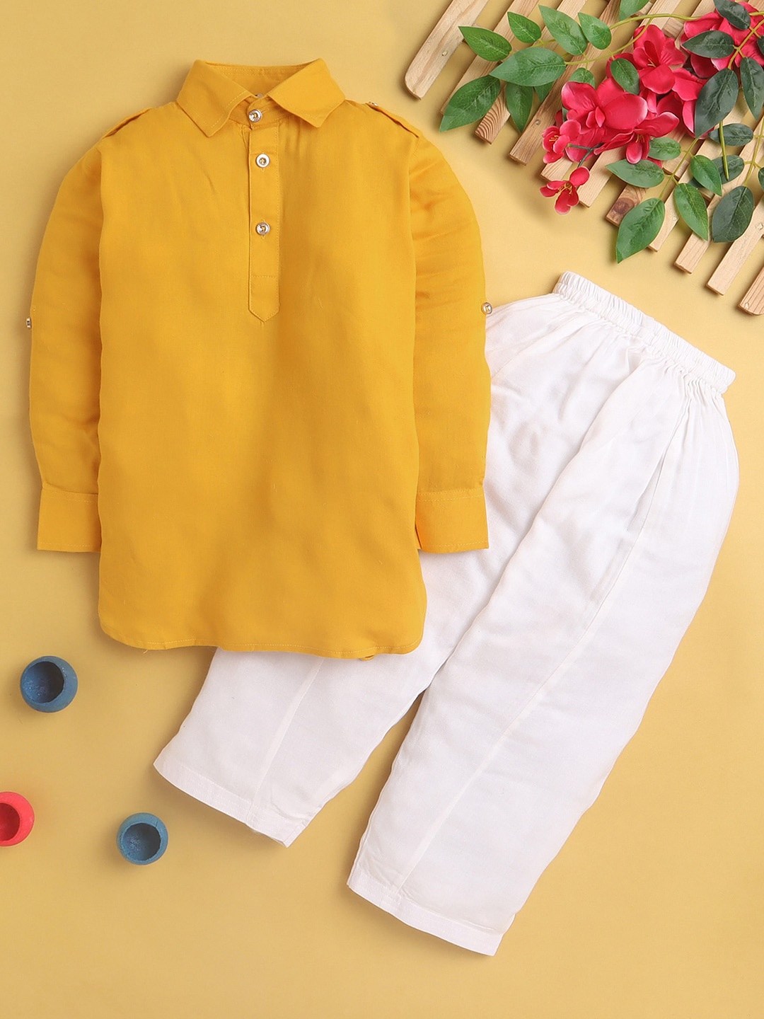 

BAESD Boys Shirt Collar Pathani Kurta With Pyjamas, Yellow