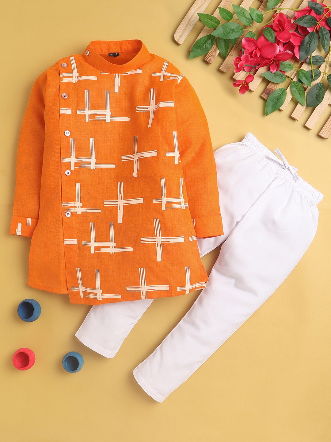 

BAESD Boys Geometric Printed Regular Kurta With Pyjamas, Orange