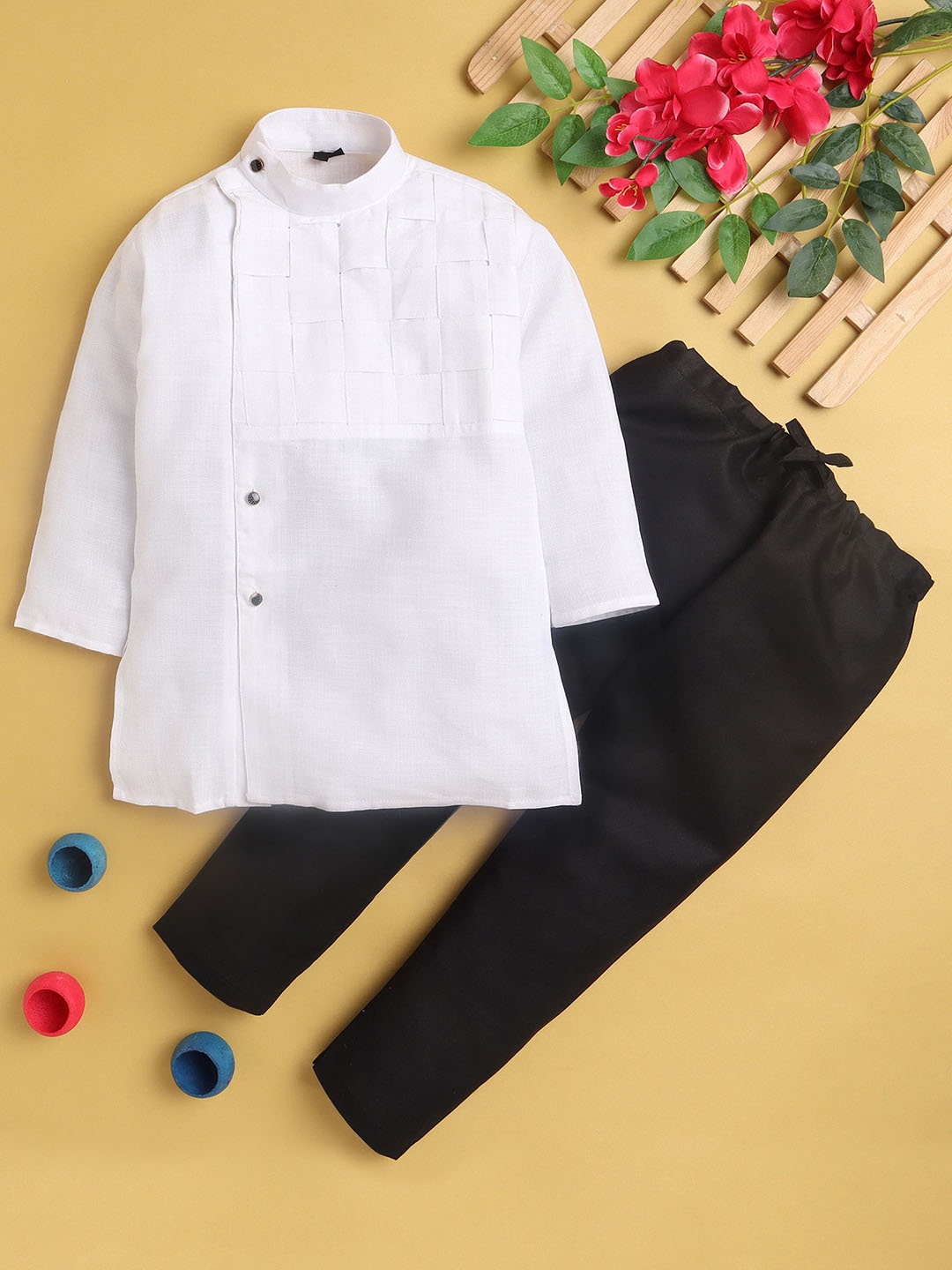 

BAESD Boys Checked Band Collar Kurta With Pyjamas, White