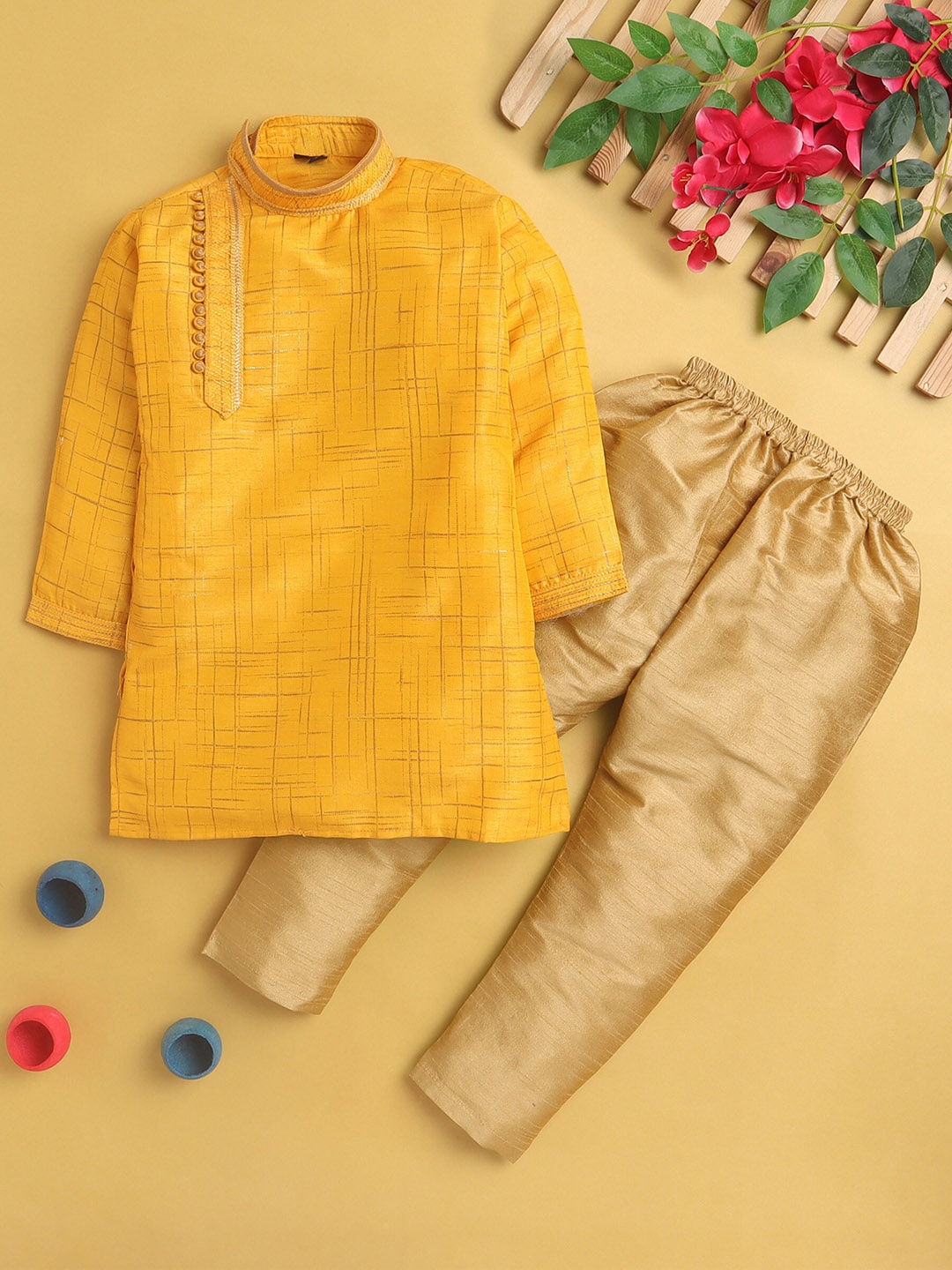 

BAESD Boys Self Design Band Collar Kurta Set, Yellow