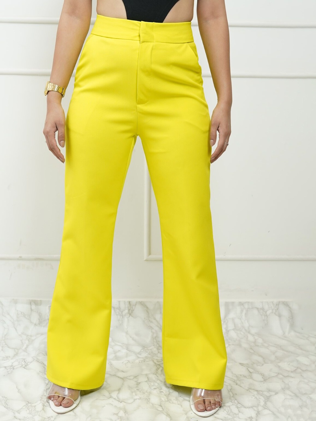 

StyleAsh Women High-Rise Regular Fit Parallel Trousers, Yellow