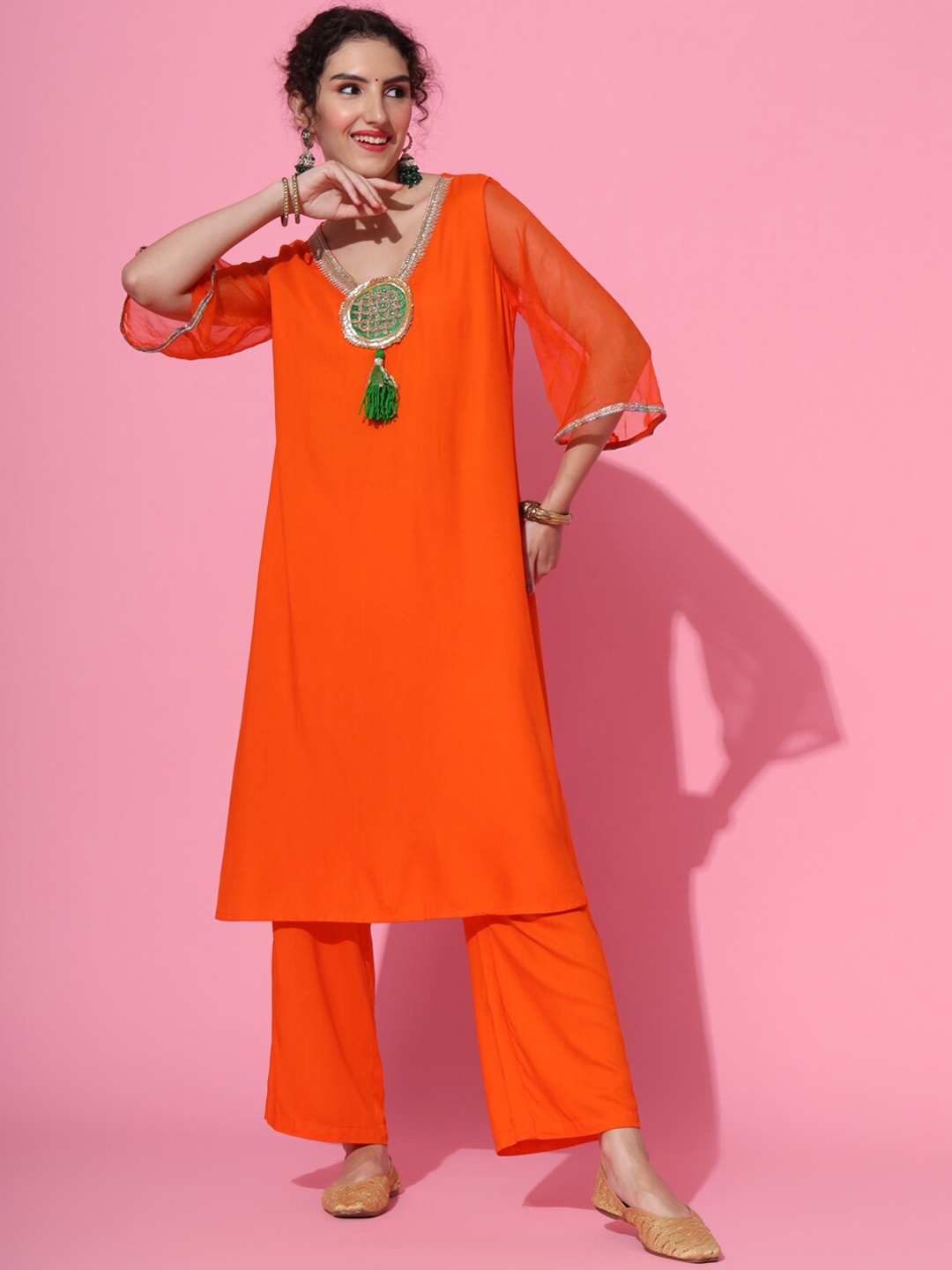

METRO-FASHION Ethnic Motifs Yoke Design Gotta Patti Kurta with Trousers, Orange