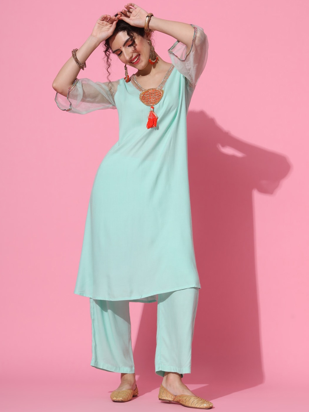 

METRO-FASHION Gotta Patti Kurta with Trousers, Sea green