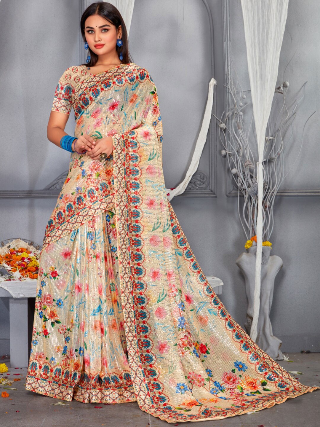 

Chhabra 555 Ethnic Motifs Embellished Sequinned Saree, Beige