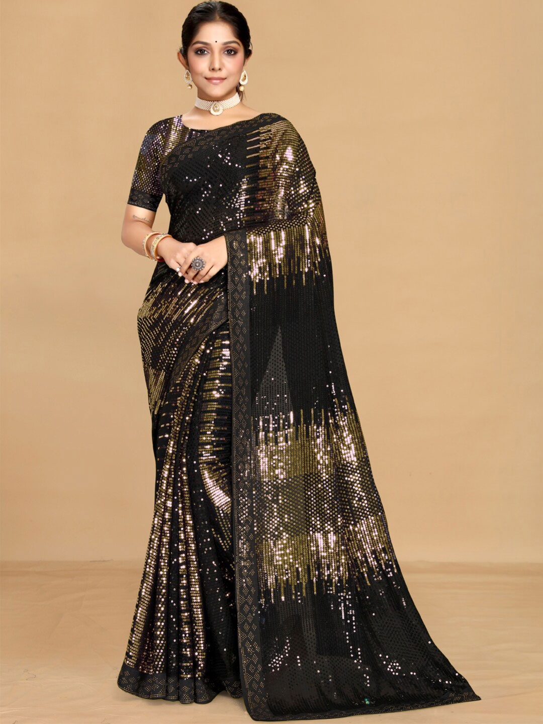

Chhabra 555 Embellished Sequinned Saree, Black