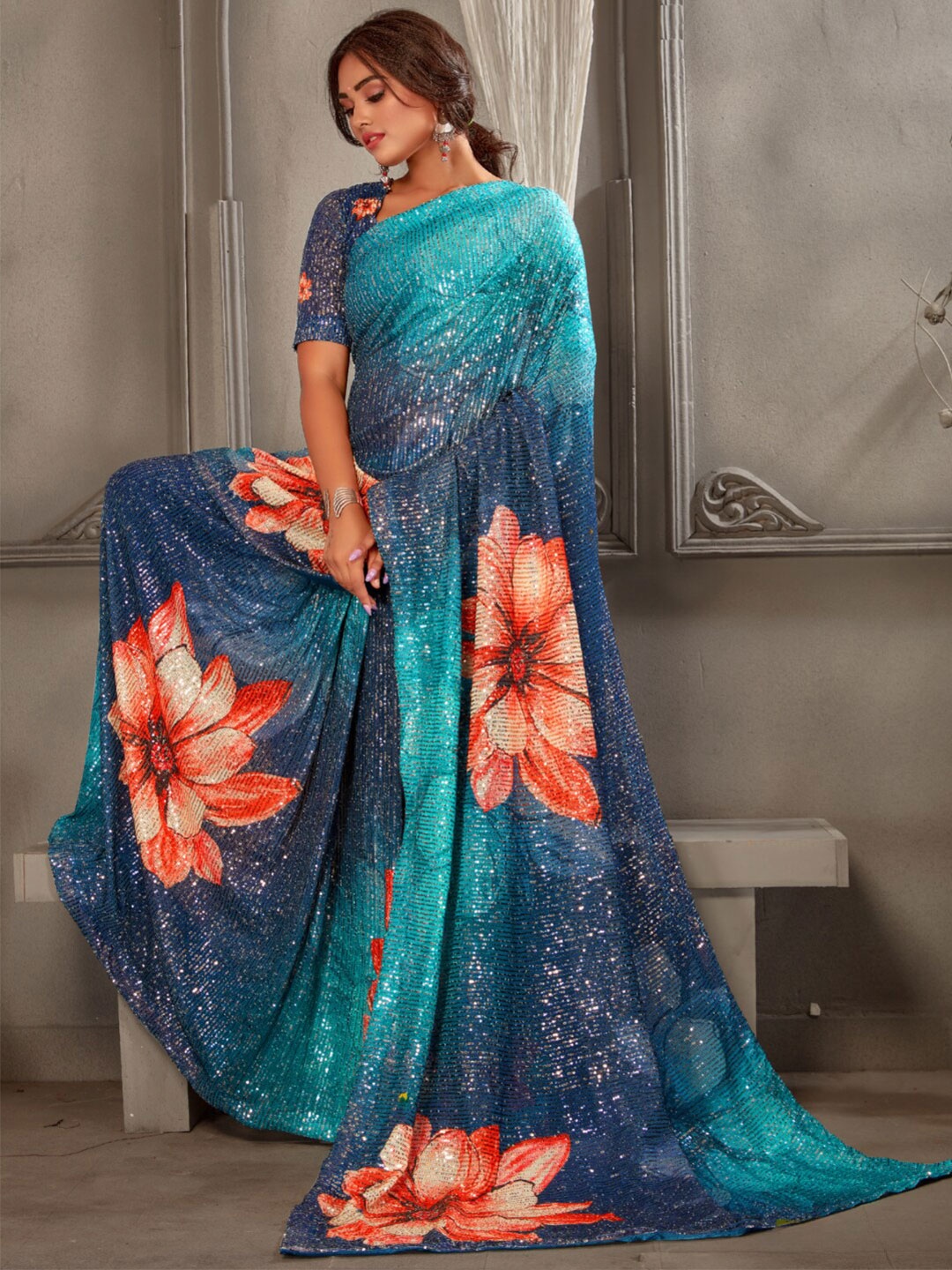 

Chhabra 555 Floral Embellished Sequinned Saree, Blue