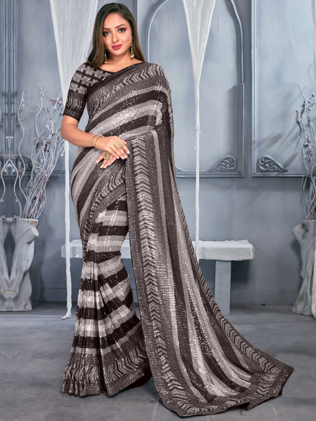 

Chhabra 555 Embellished Sequinned Sarees, Black