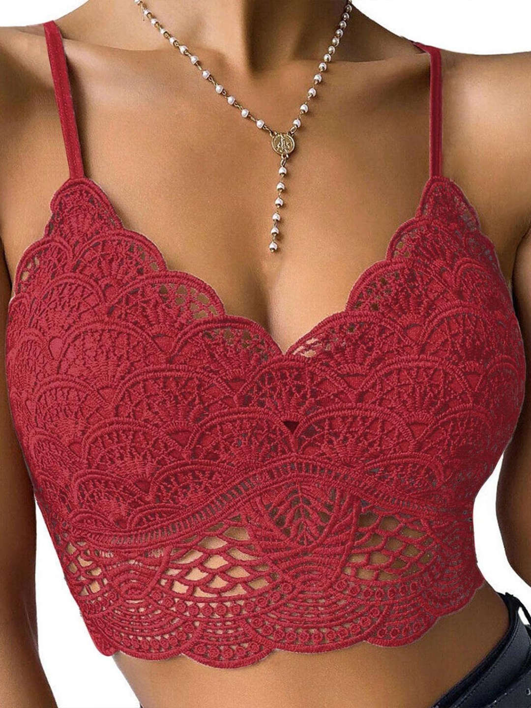 

VAGHBHATT Lightly Padded Half Coverage All Day Comfort Bralette Lace Bra, Red