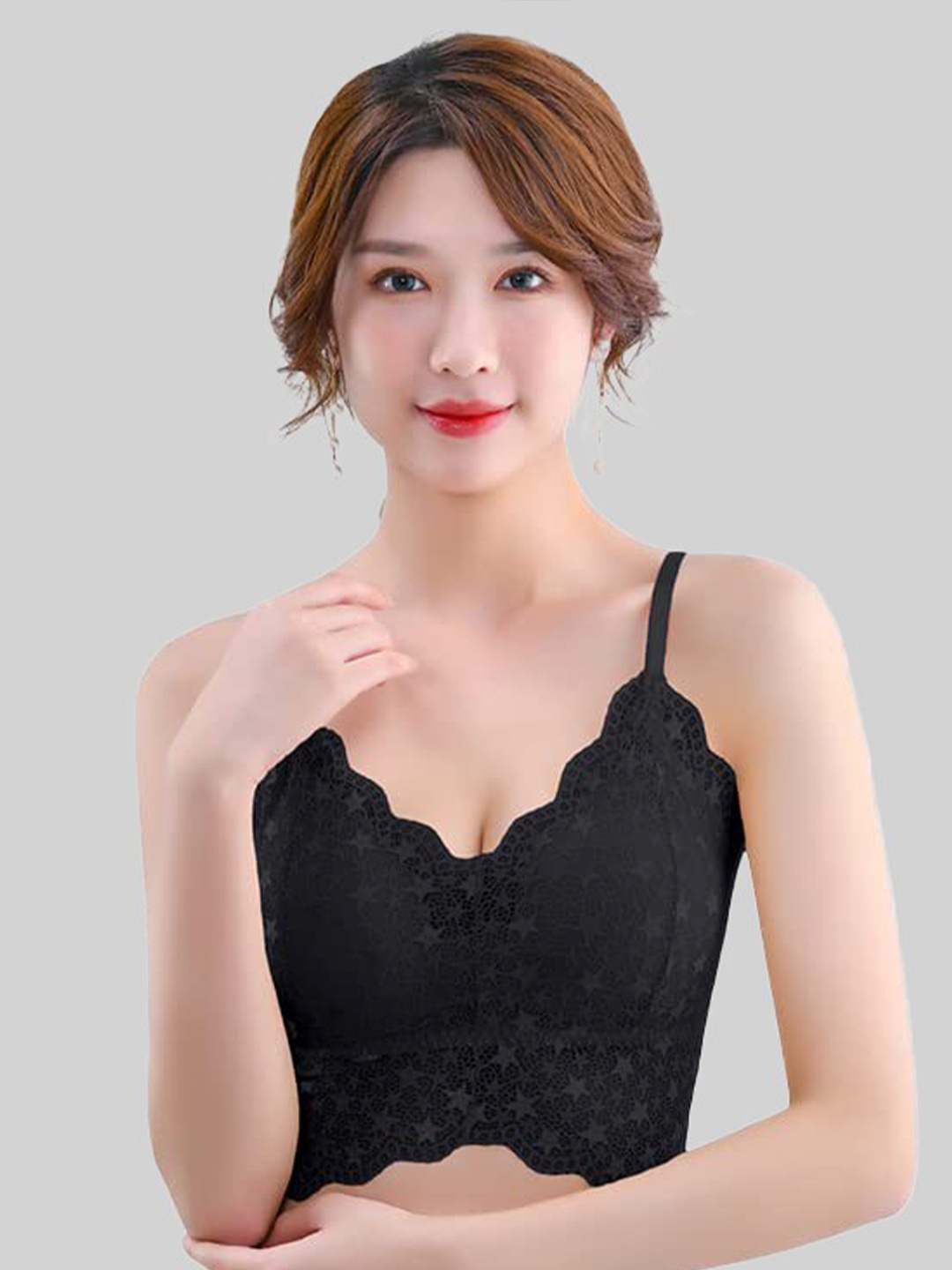 

VAGHBHATT Laced Non-Wired Lightly Padded Seamless Cotton Bralette Bra With All Day Comfort, Black