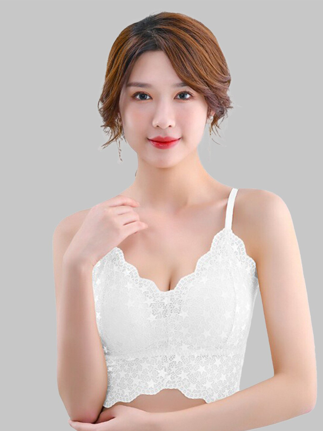 

VAGHBHATT Floral Lightly Padded Half Coverage All Day Comfort Bralette Lace Bra, White