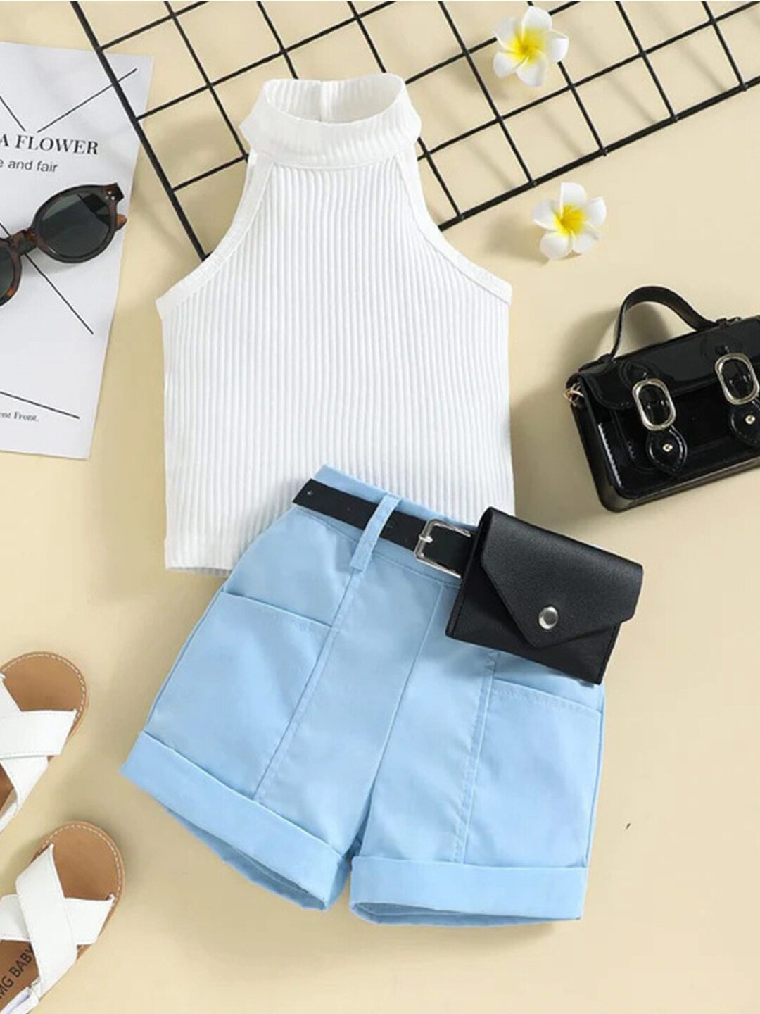 

Bold N Elegant Girls Halter Neck Top & Shorts With Belt & Wallet, Blue