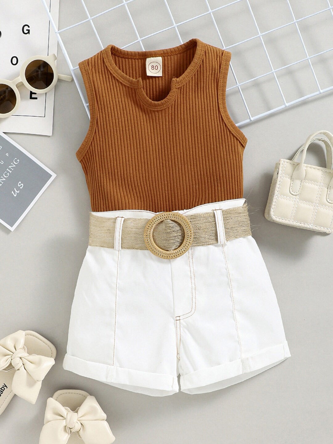 

Bold N Elegant Girls Round Neck Top & Shorts With Belt & Wallet, Brown