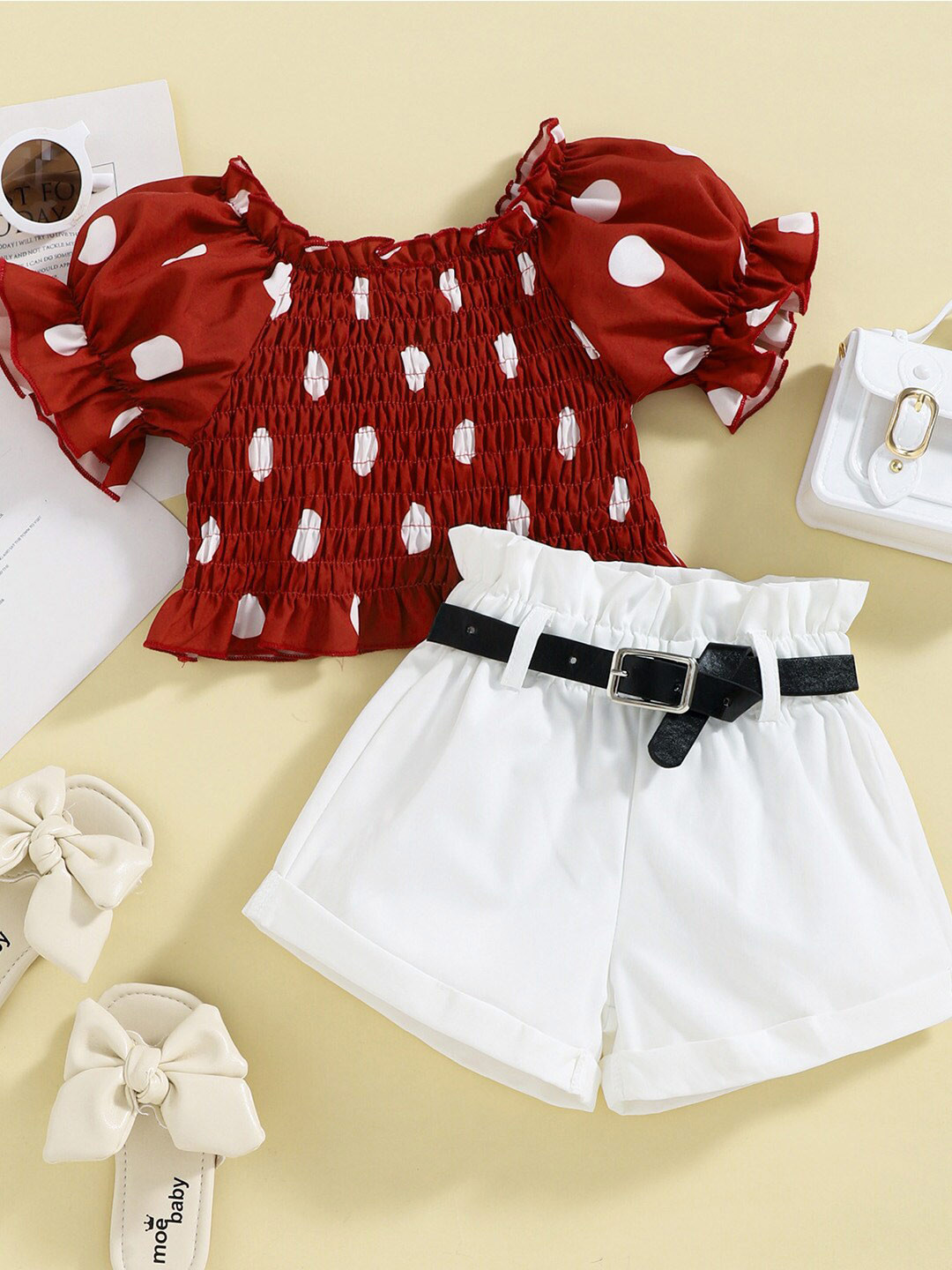

Bold N Elegant Girls Polka Dot Printed Smocking Crop Top With Shorts And Belt, Maroon