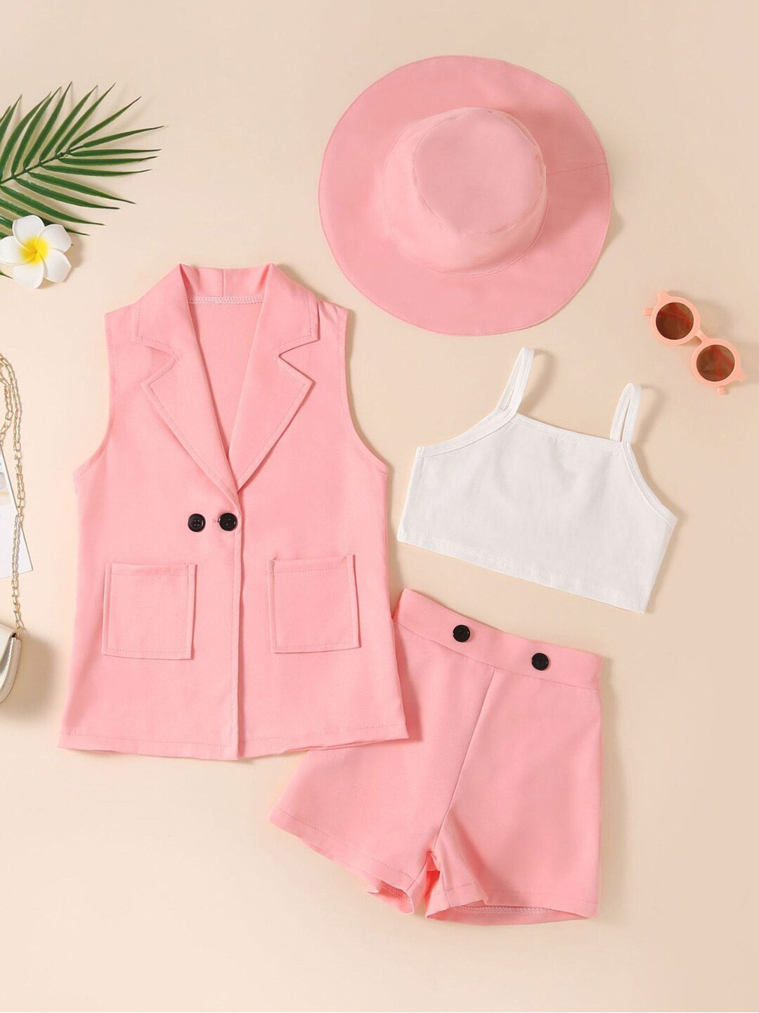 

Bold N Elegant Girls Crop Top Shorts with Coat & Hat, Pink