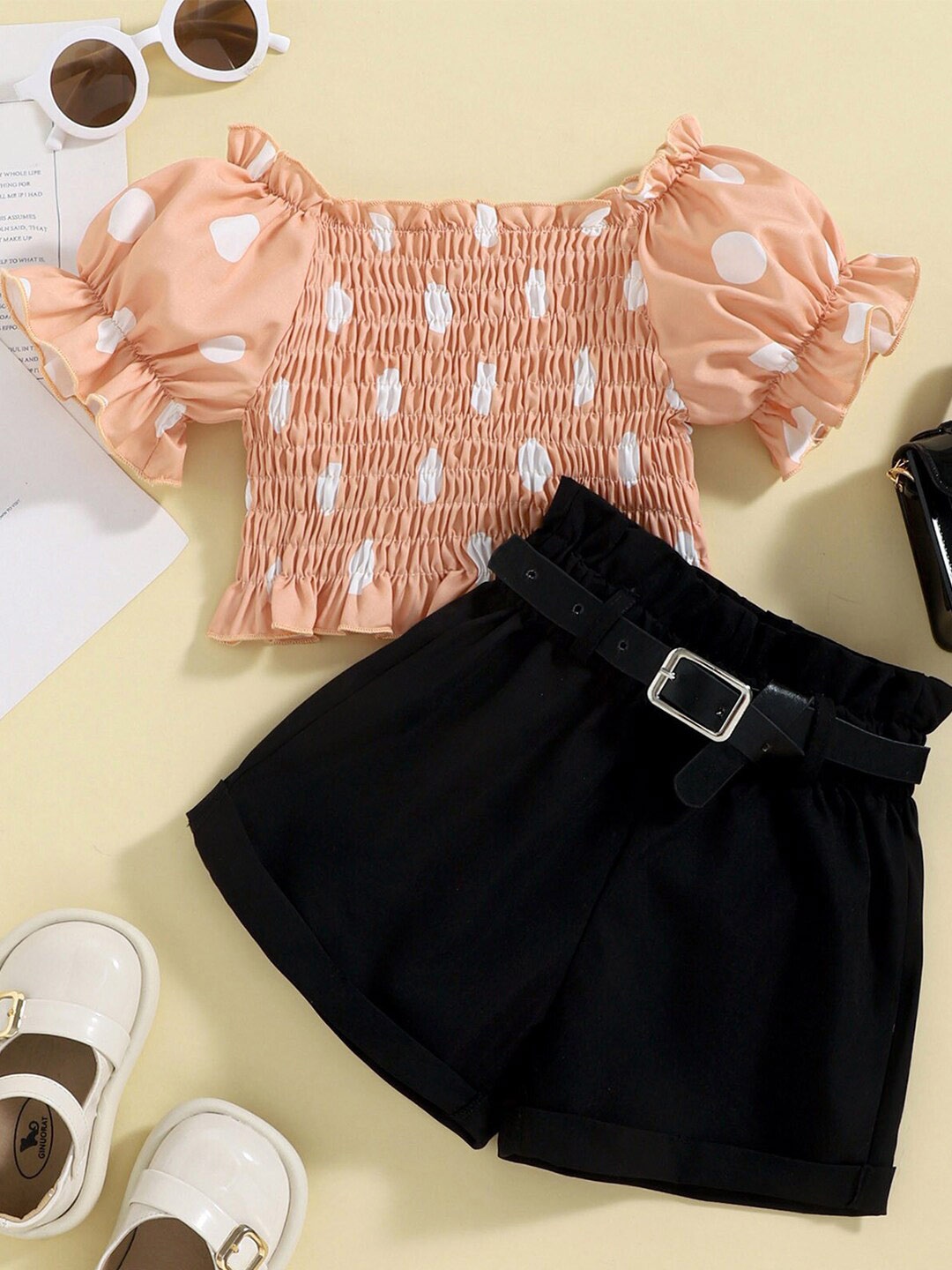 

Bold N Elegant Girls Polka Dot Smocking Top with Shorts & Belt, Peach