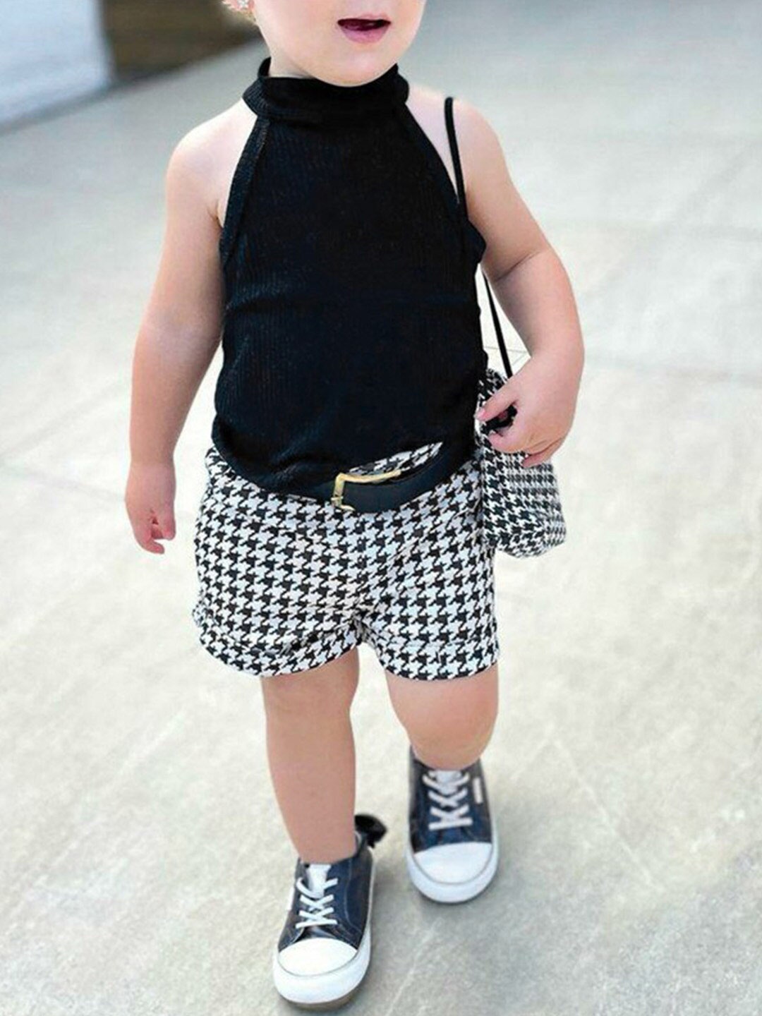 

Bold N Elegant Girls High Neck Sleeveless Pure Cotton Top with Shorts & Belt, Black
