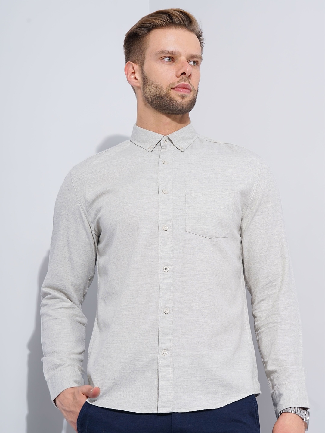 

Celio Classic Regular Fit Button-Down Collar Cotton Formal Shirt, Beige