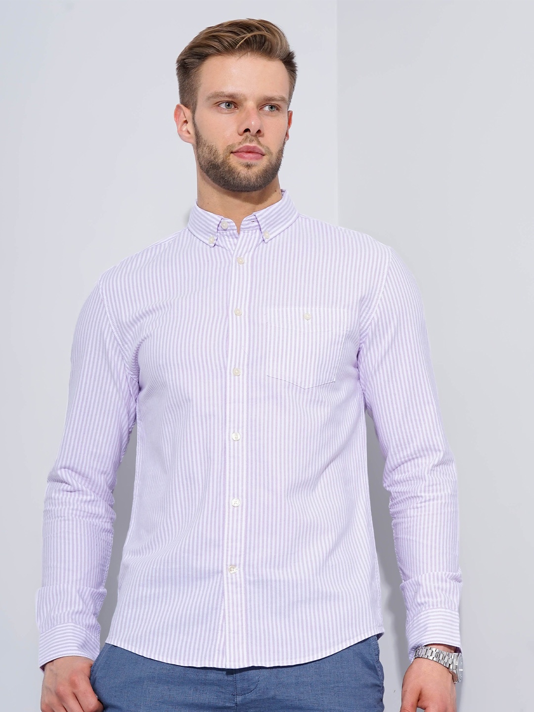 

Celio Classic Regular Fit Vertical Striped Cotton Formal Shirt, Mauve