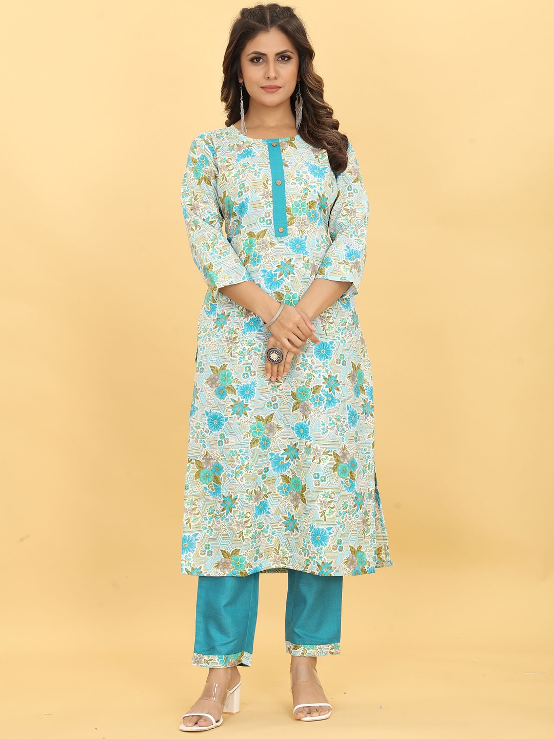 

EVERMORE Floral Printed Kurta with Trousers, Turquoise blue