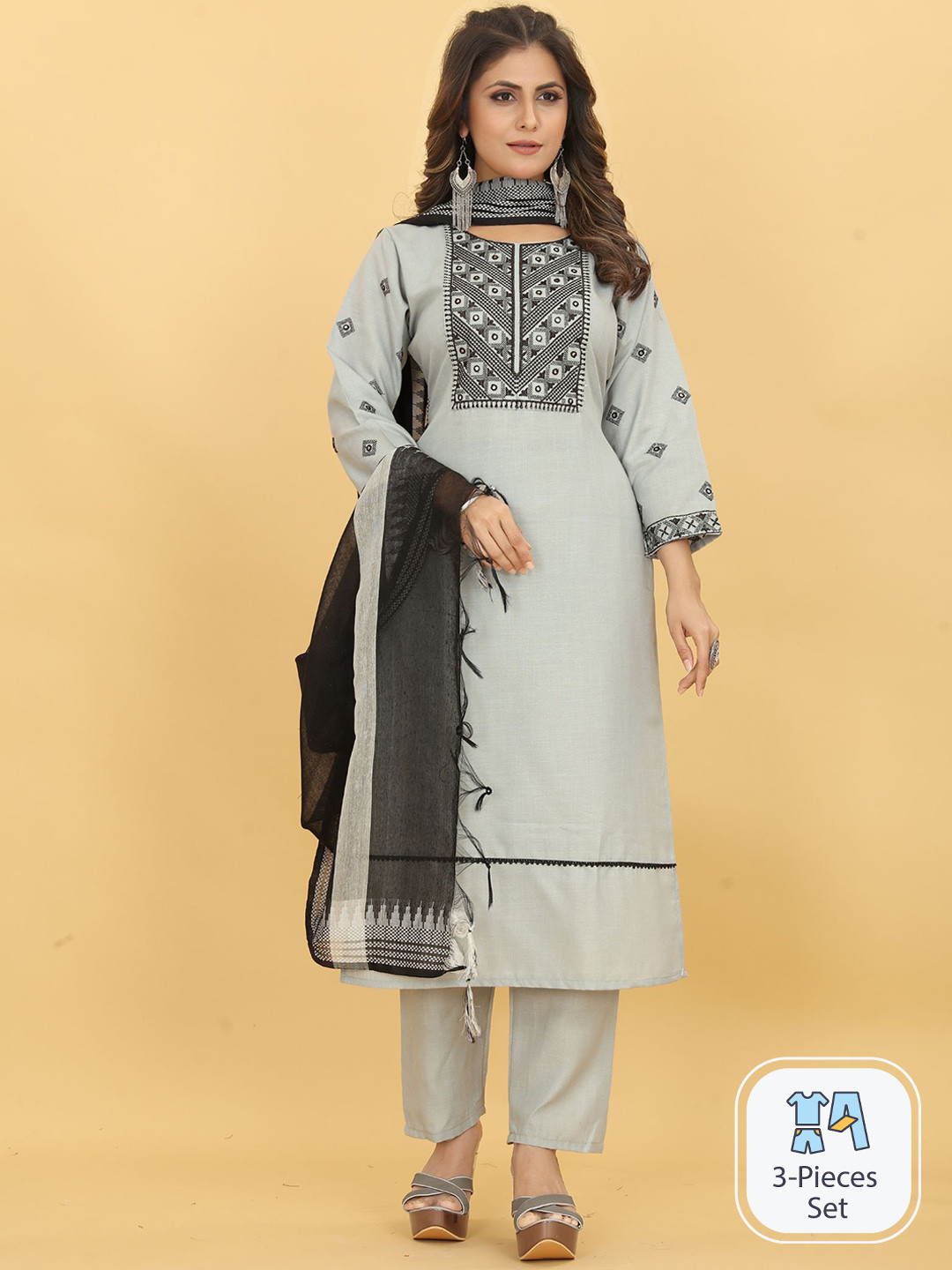 

EVERMORE Ethnic Motifs Embroidered Mirror Work Kurta with Trousers & Dupatta, Grey