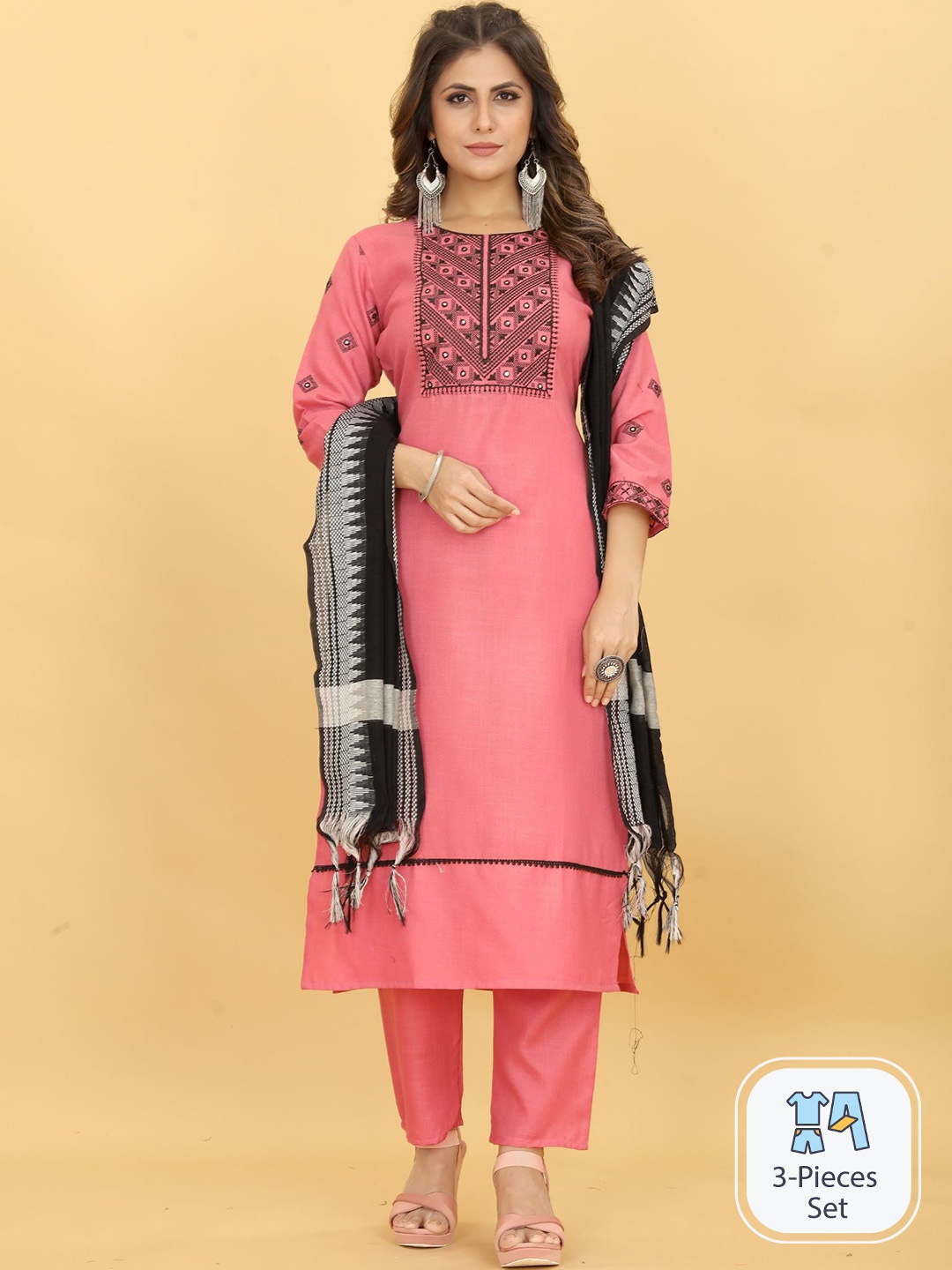

EVERMORE Ethnic Motifs Yoke Design Mirror Work Kurta With Trousers & Dupatta, Pink