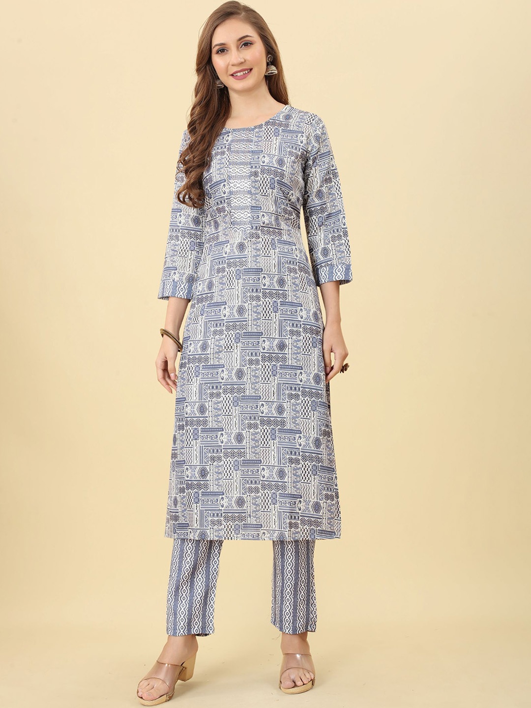 

EVERMORE Ethnic Motifs Printed Straight Kurta With Trousers, Blue