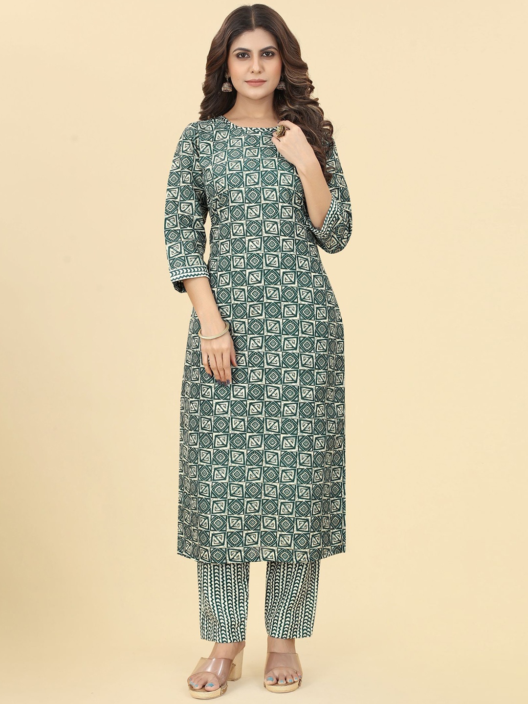 

EVERMORE Ethnic Motifs Printed Kurta with Trousers, Sea green