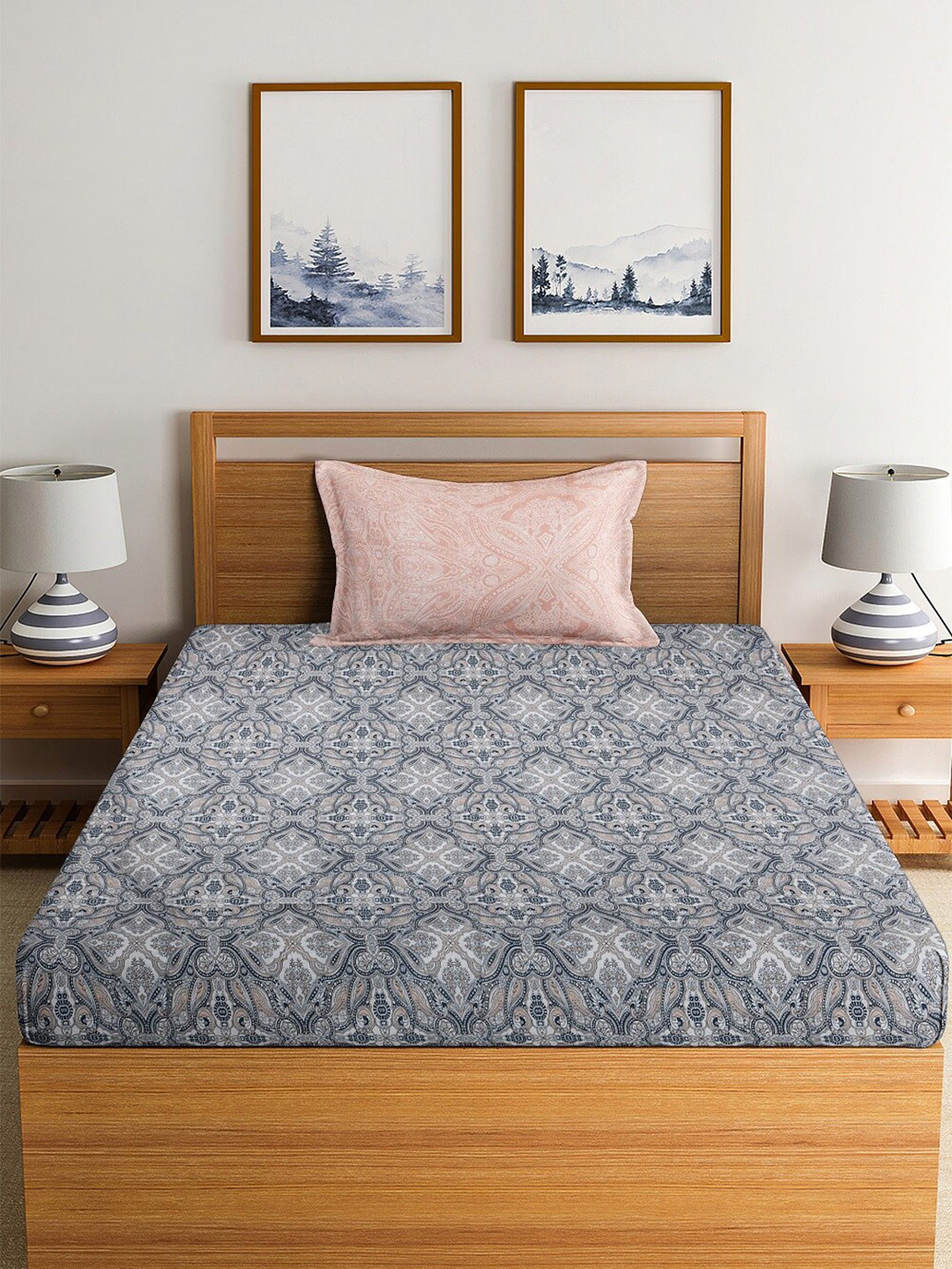 

HERE&NOW Azure White & Blue Polycotton 120 TC Single Bedsheet With 1 Pillow Cover