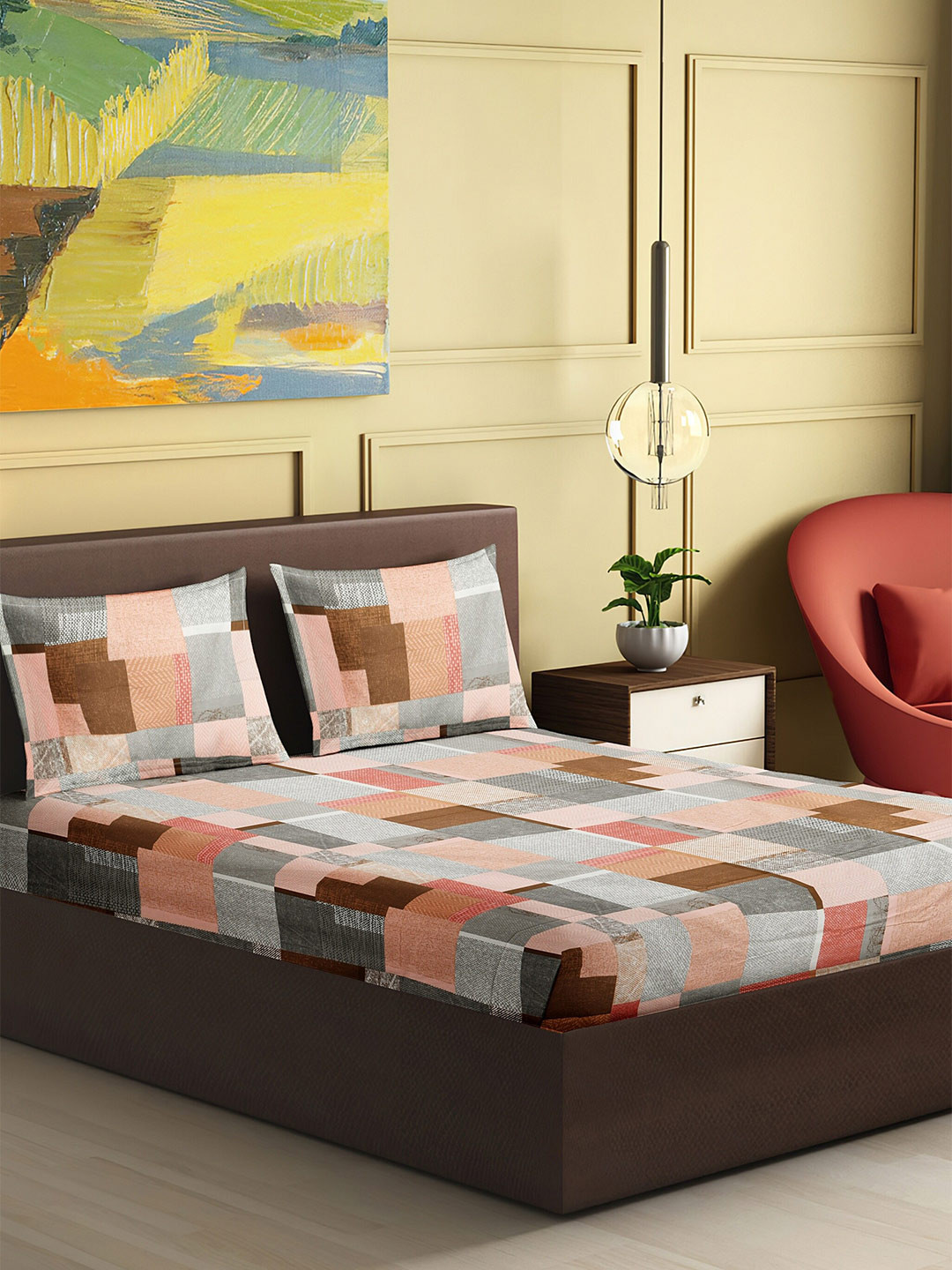 

HERE&NOW Tussah Grey & Brown Geometric Polycotton 120 TC King Bedsheet & 2 Pillow Covers