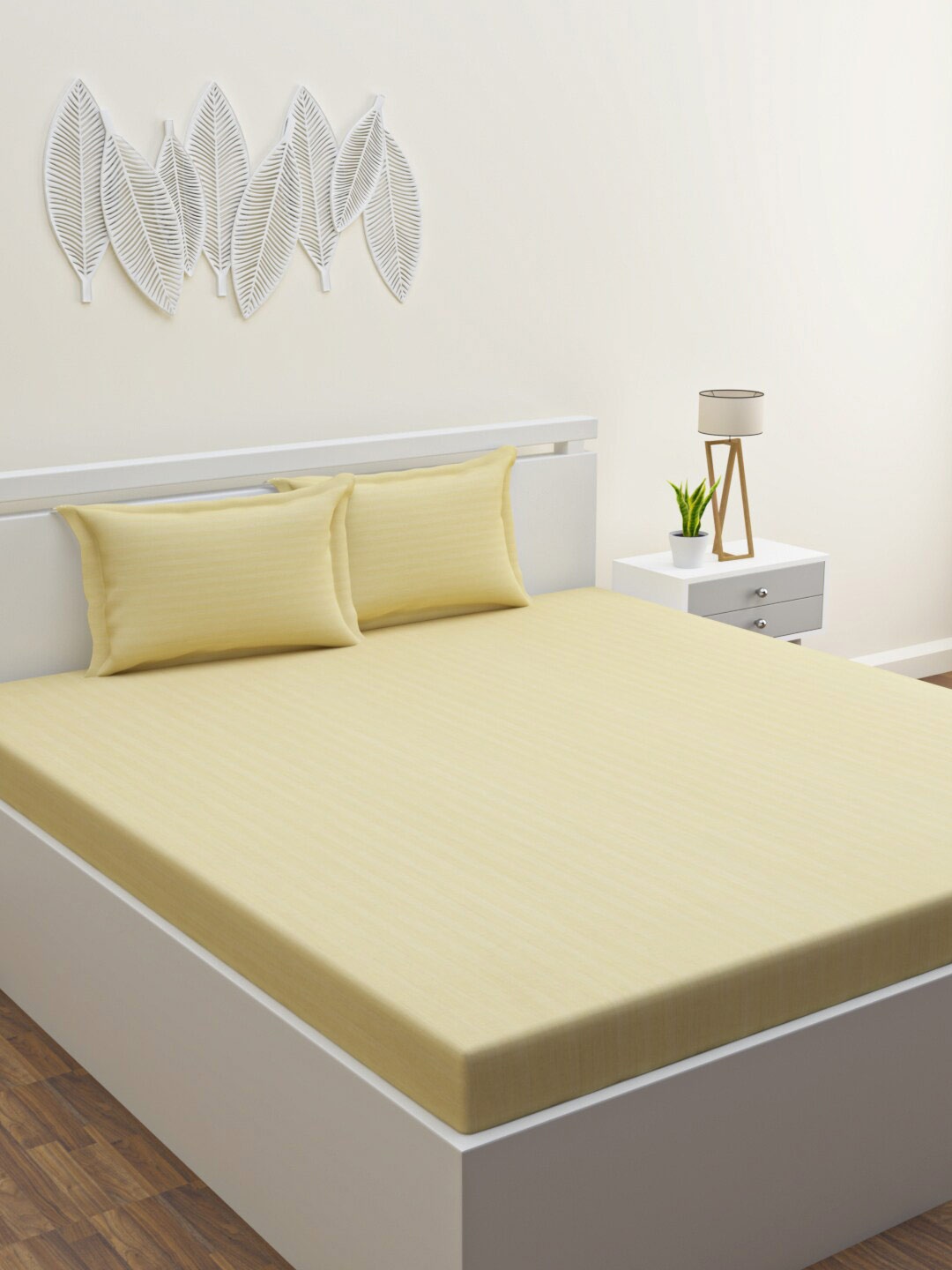 

HERE&NOW Tinsel Yellow Striped Polycotton 120 TC King Bedsheet With 2 Pillow Covers