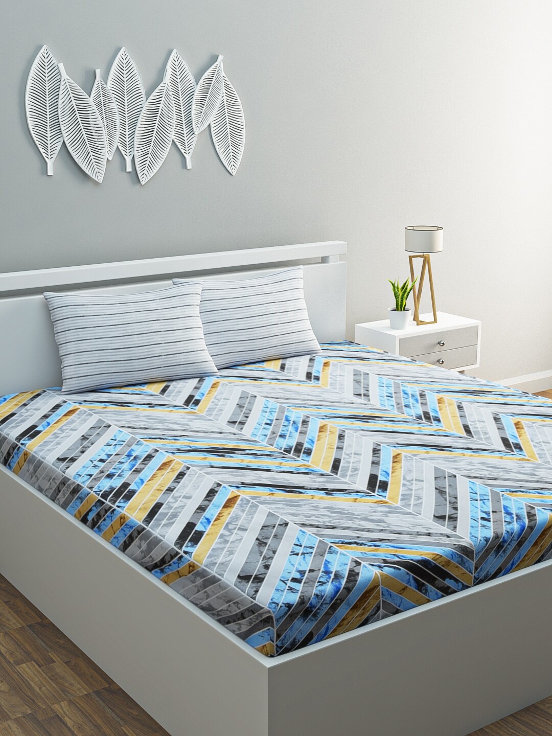 

HERE&NOW Grey & Blue Geometric Pure Cotton 120 TC Queen Bedsheet with 2 Pillow Covers