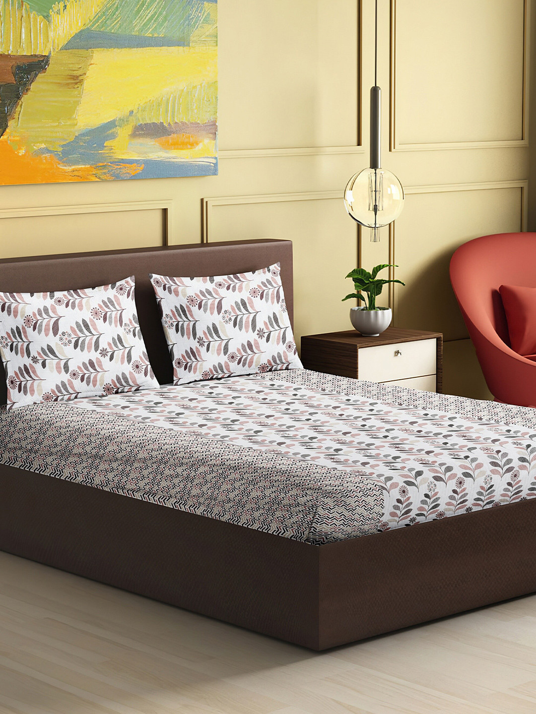 

HERE&NOW Amara White & Grey Pure Cotton 120 TC King Bedsheet with 2 Pillow Covers