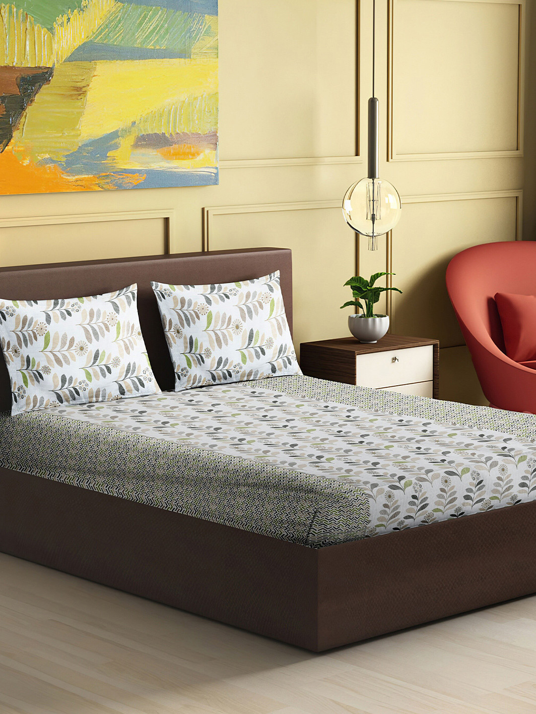 

HERE&NOW Amara White & Green Floral Pure Cotton 120 TC King Bedsheet with 2 Pillow Covers