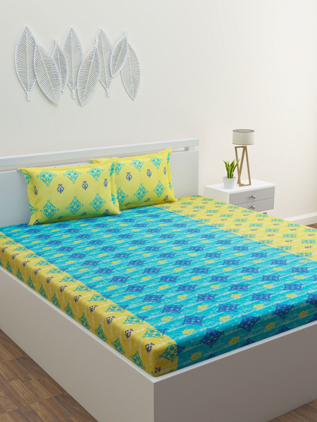 

HERE&NOW Blue Yellow Ethnic Motifs 120 TC Cotton Queen Bedsheet With 2 Pillow Covers