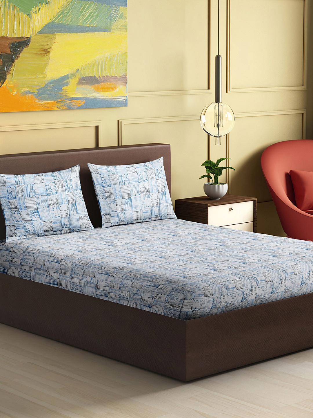

HERE&NOW Tussah White & Blue Pure Cotton 120 TC King Bedsheet with 2 Pillow Covers
