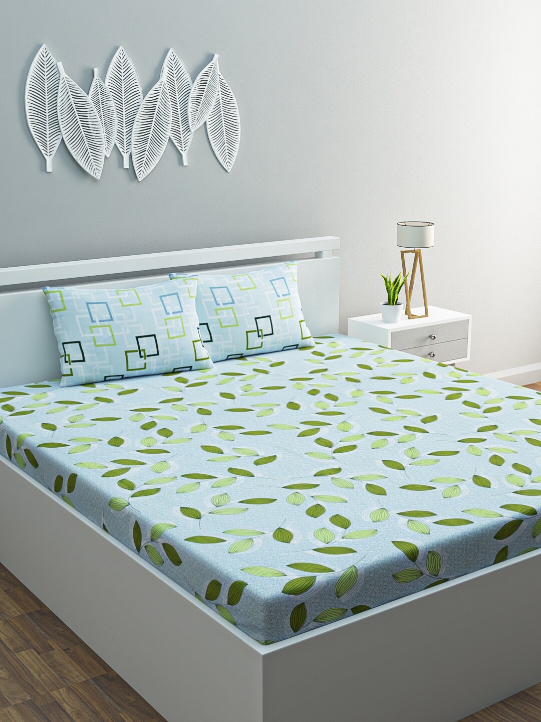 

HERE&NOW Green & Blue Floral Pure Cotton 120 TC Queen Bedsheet with 2 Pillow Covers