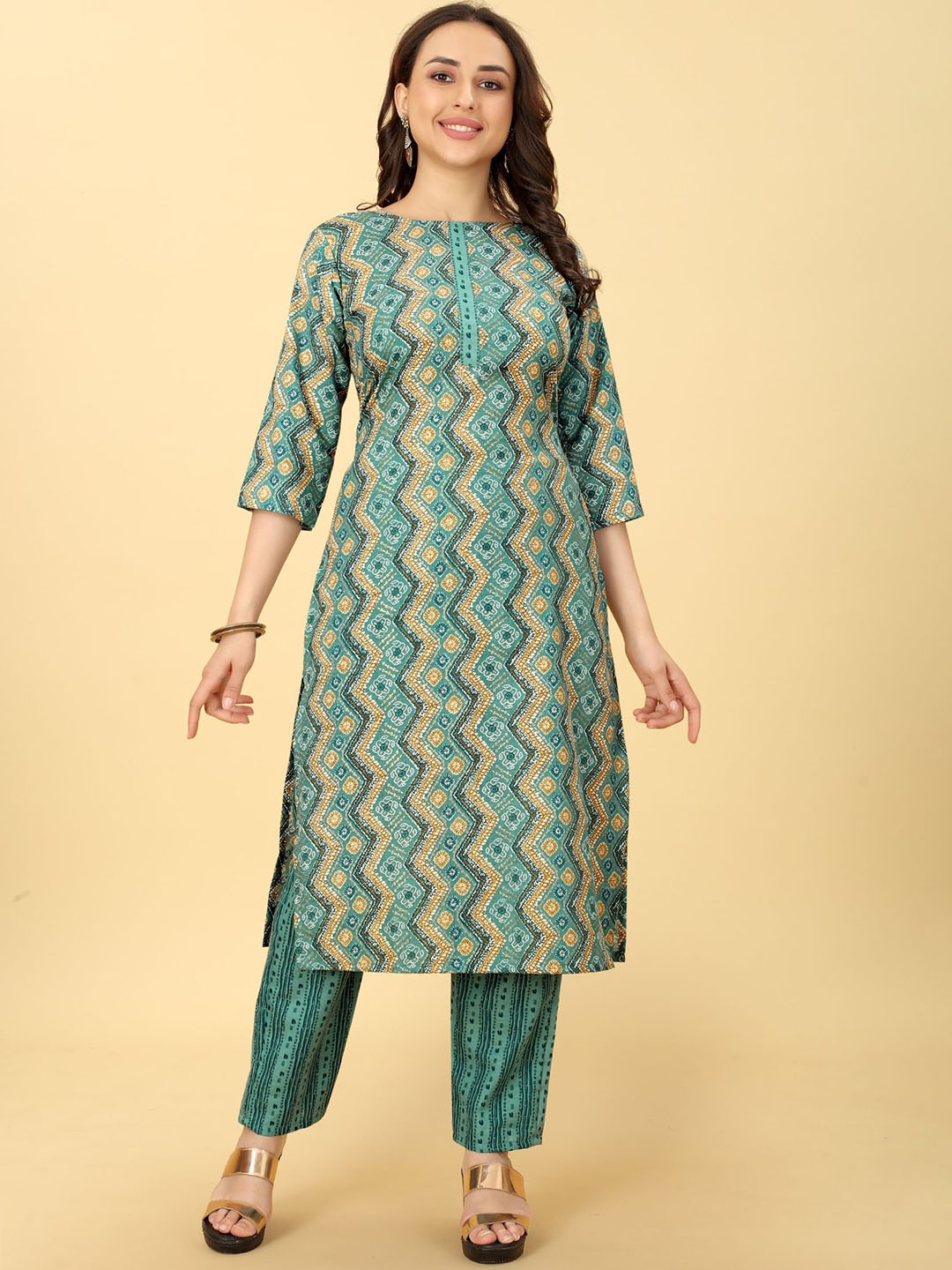 

EVERMORE Ethnic Motifs Printed Kurta with Trousers, Turquoise blue