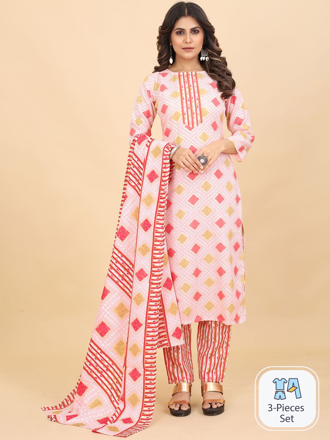 

EVERMORE Ethnic Motifs Printed Straight Kurta With Trousers & Dupatta, Peach