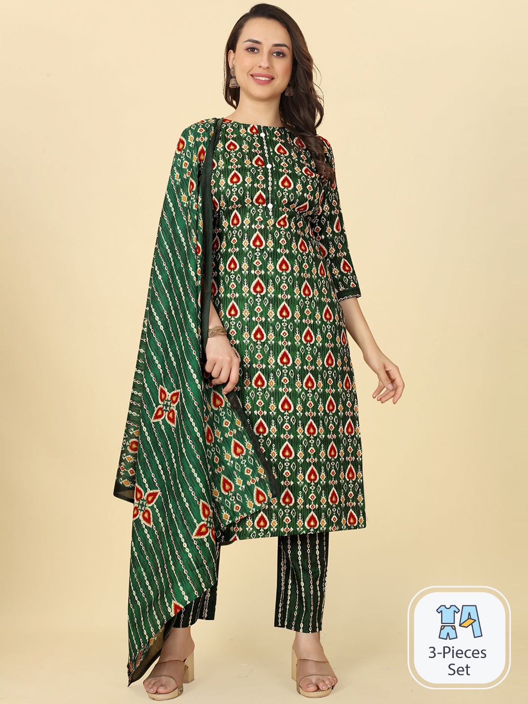 

EVERMORE Floral Printed Kurta with Trousers & Dupatta, Green
