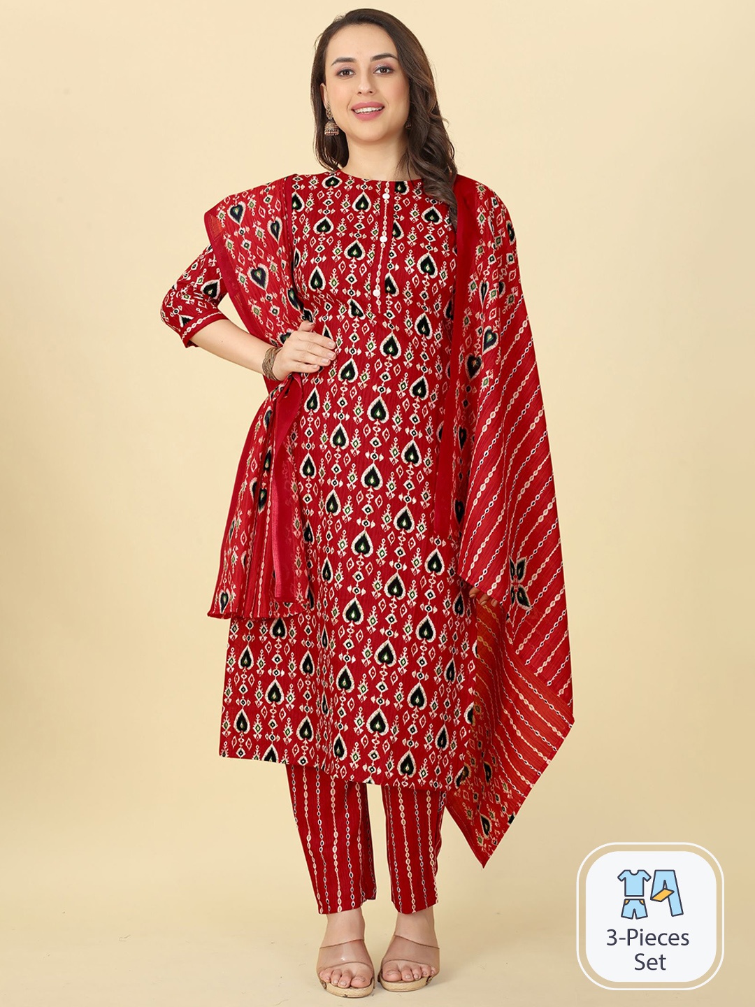 

EVERMORE Ethnic Motifs Printed Regular Kurta With Trousers & Dupatta, Maroon