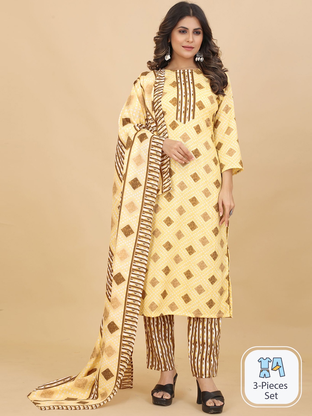 

EVERMORE Geometric Printed Regular Kurta With Trousers & Dupatta, Mustard