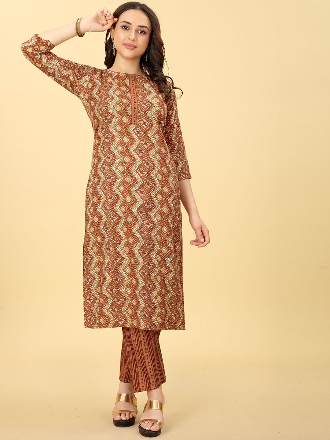 

EVERMORE Printed Regular Kurta with Trousers, Brown