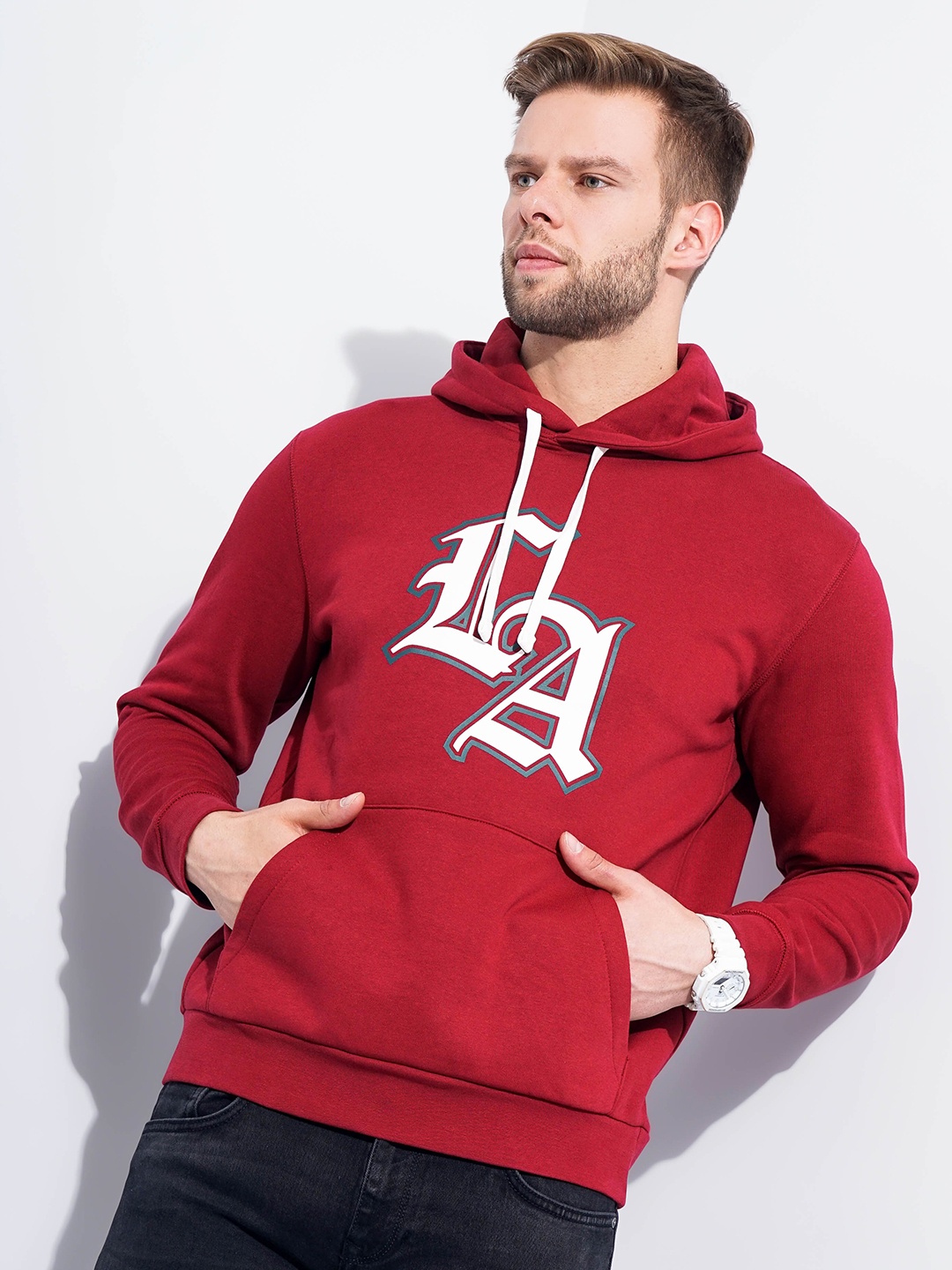 

Celio Alphanumeric Printed Hooded Cotton Pullover Sweatshirt, Red